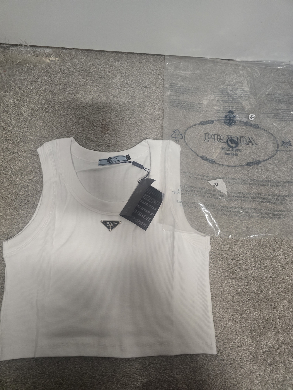 Prada White Ribbed Tank Top - Signature Triangle Logo - Picture 2 of 6